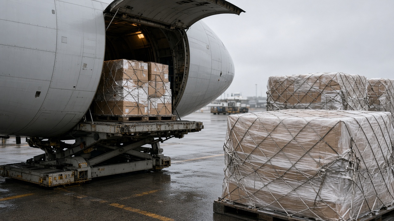Air cargo pallets built up near an aircraft freighter door