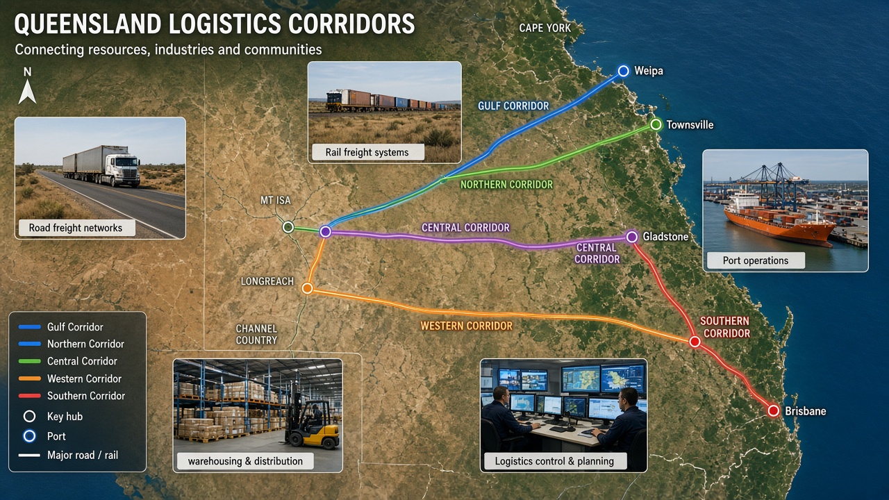 Map-style illustration of Queensland logistics corridors
