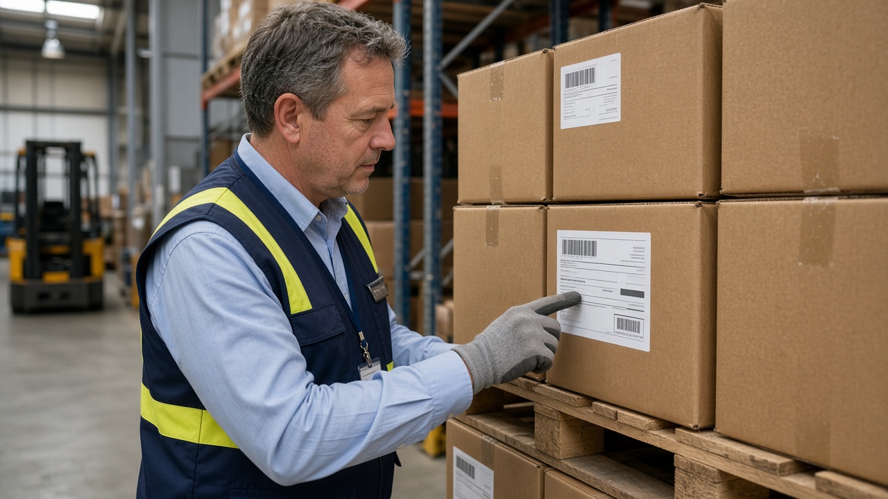 Inspector reviewing cargo labels at a warehouse
