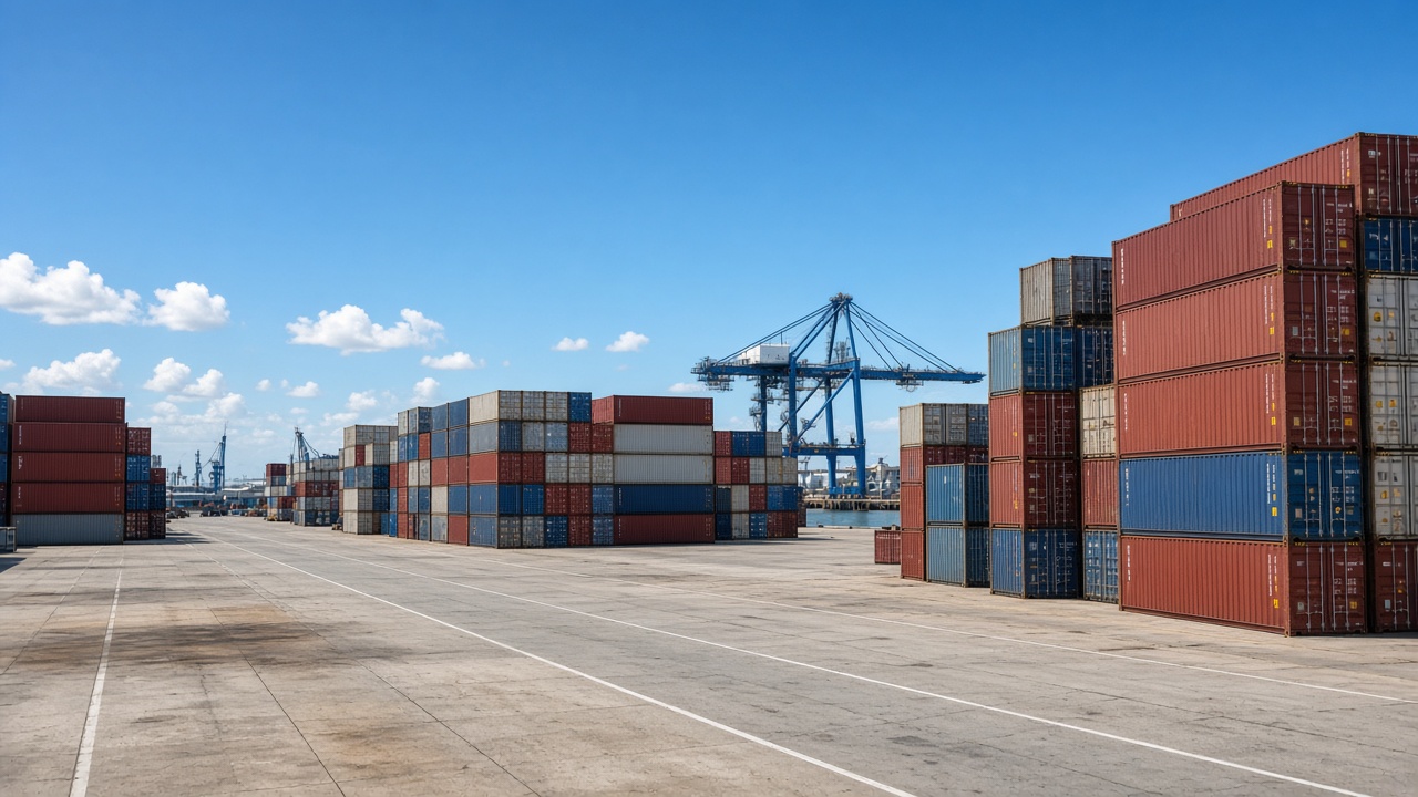 Container yard near Port of Brisbane under clear Queensland sky