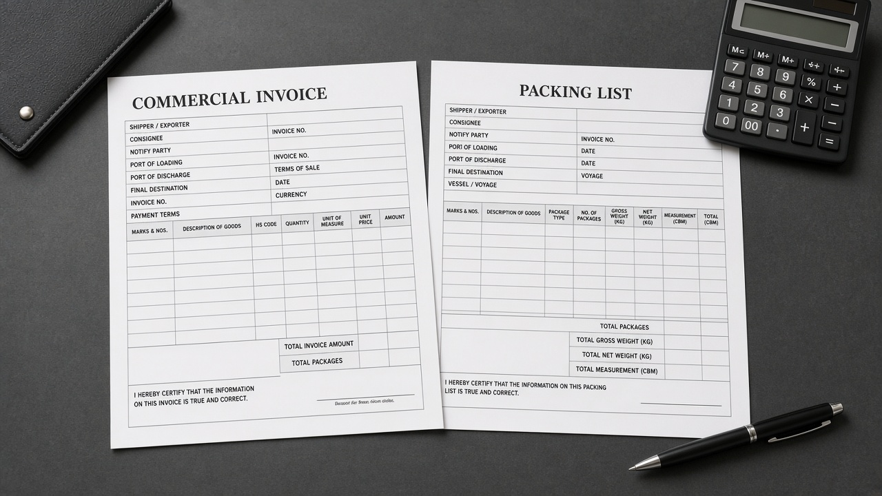Customs and transport documents aligned on a planner desk