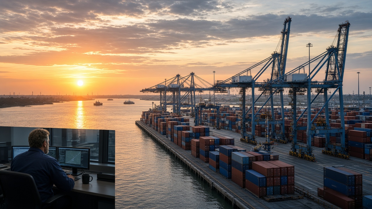 Sunrise over Port of Brisbane with container cranes
