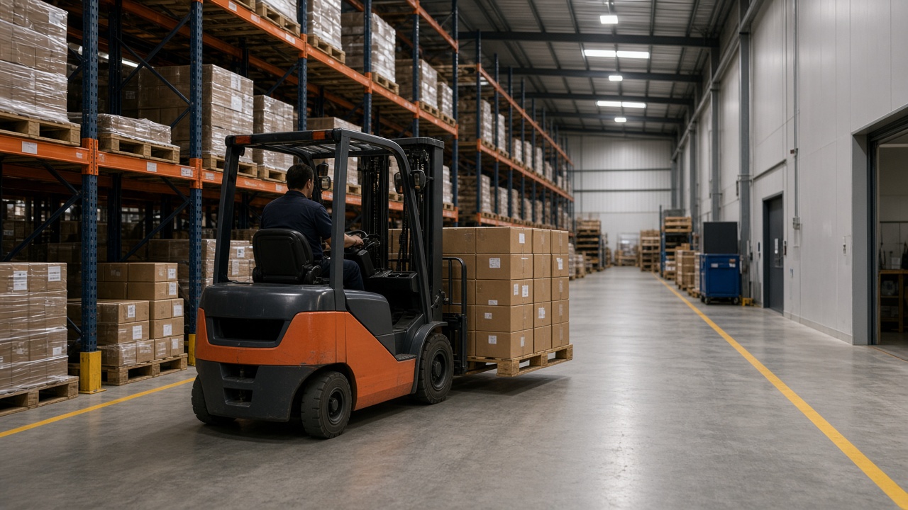 Electric forklift moving pallets in a warehouse aisle
