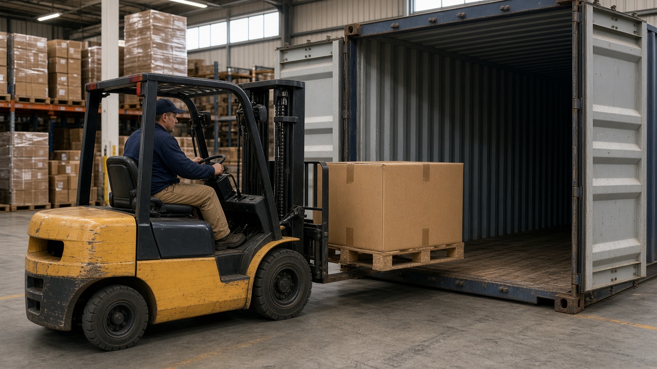 Forklift loading cartons into a shipping container at a warehouse