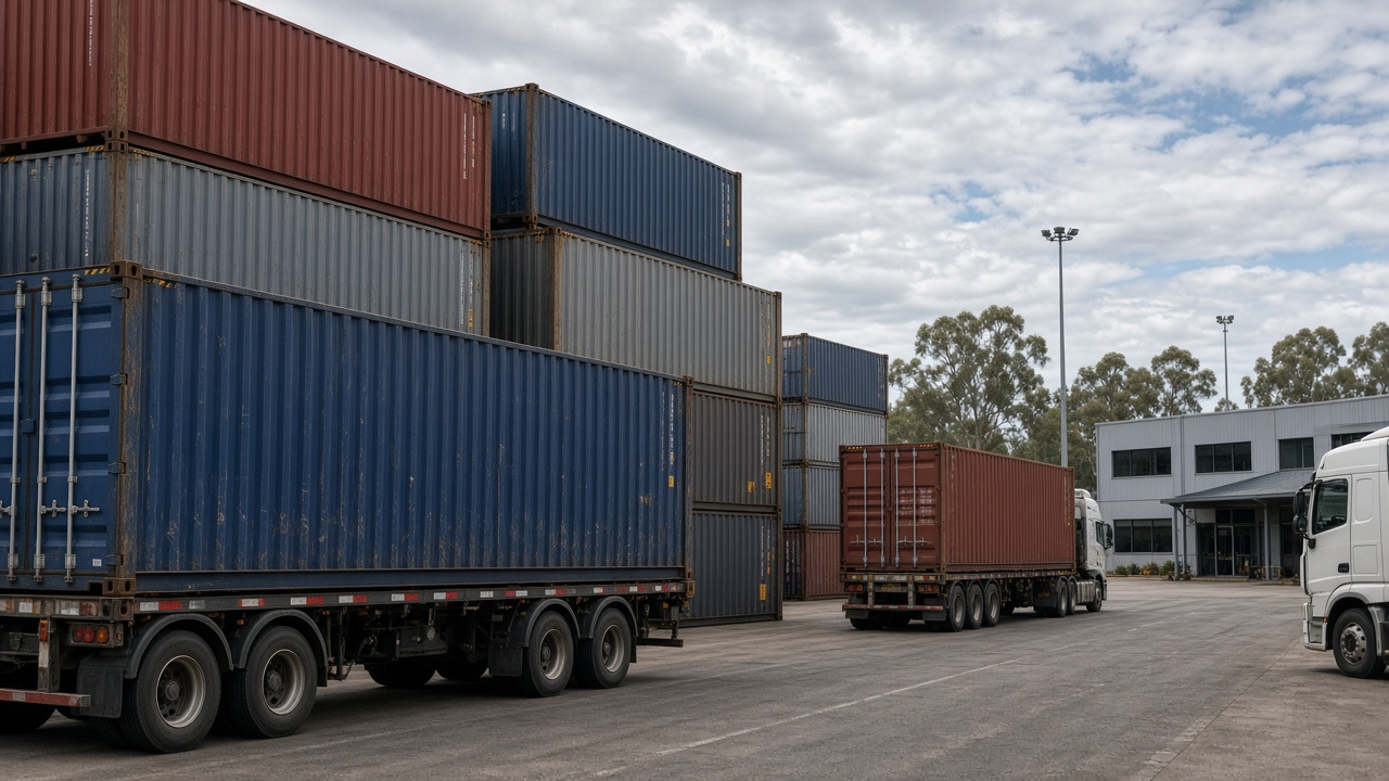 Shipping containers in a yard awaiting road collection