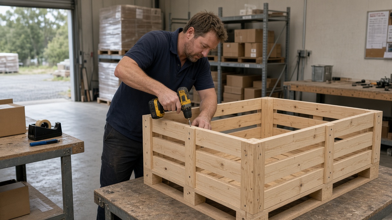 Wooden export crate being assembled in a workshop