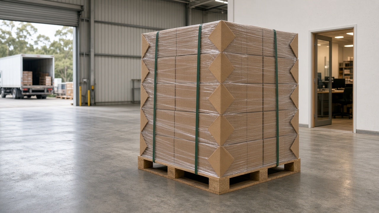 Palletised goods with corner boards and strapping