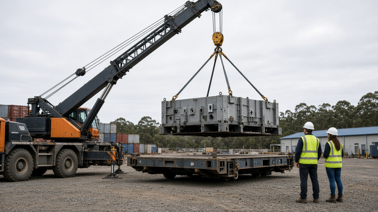 Mobile crane lifting industrial equipment onto a flat rack container
