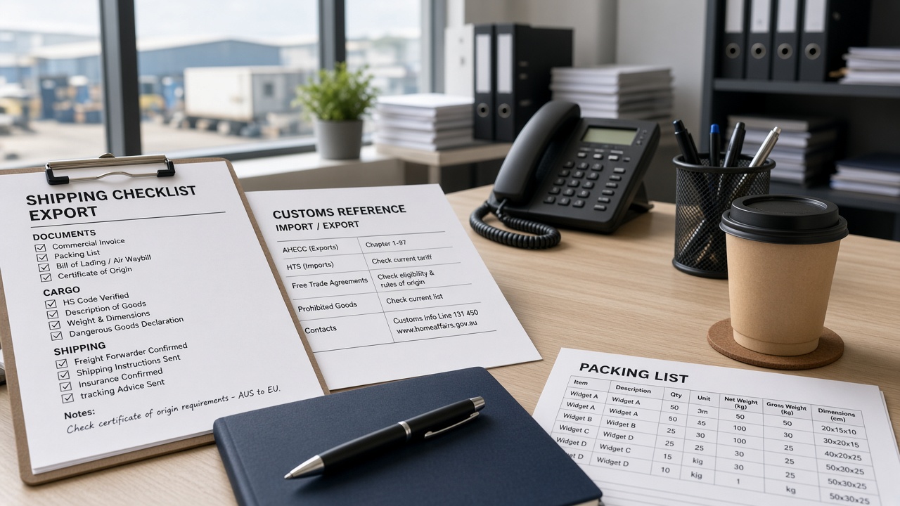 Printed shipping checklists and customs reference materials on a desk