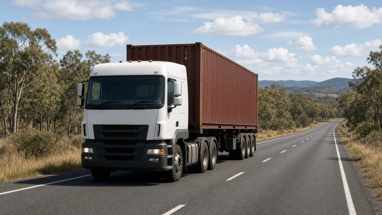 Semi-trailer transporting a shipping container on a Queensland highway