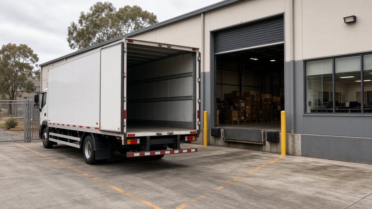 Delivery truck backed into a warehouse loading dock