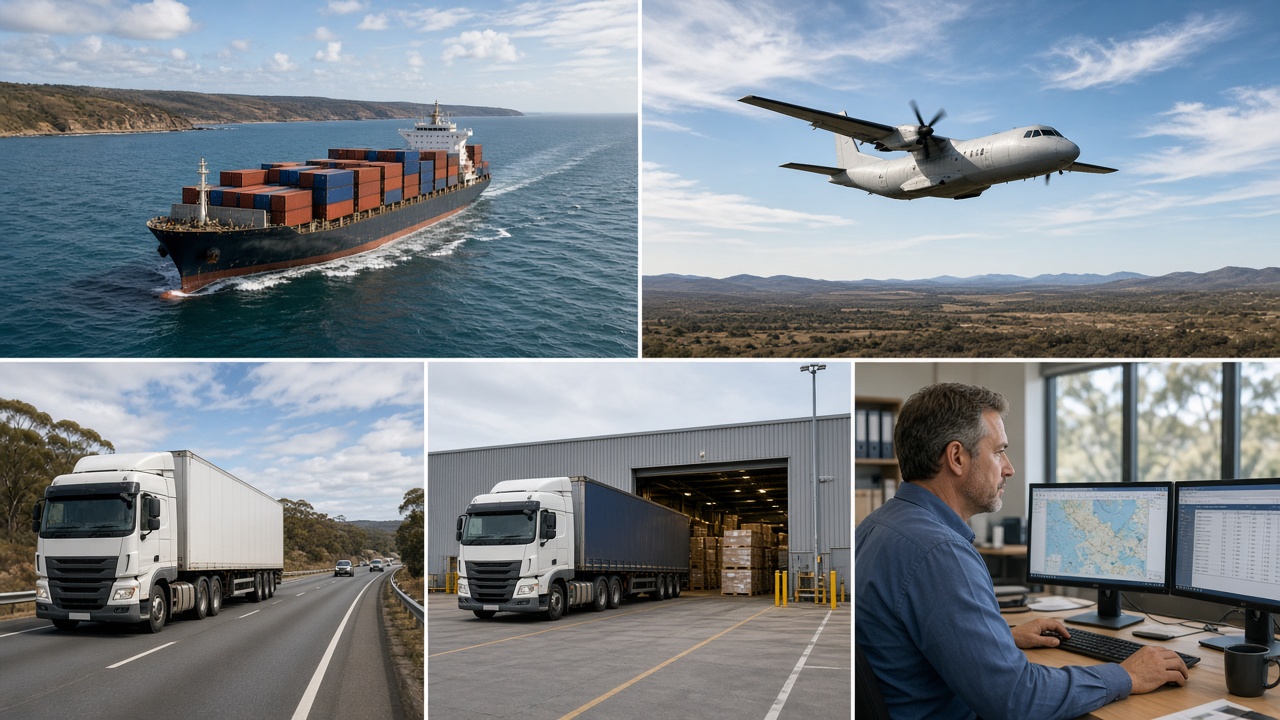 Collage of ocean, air, and road freight modes