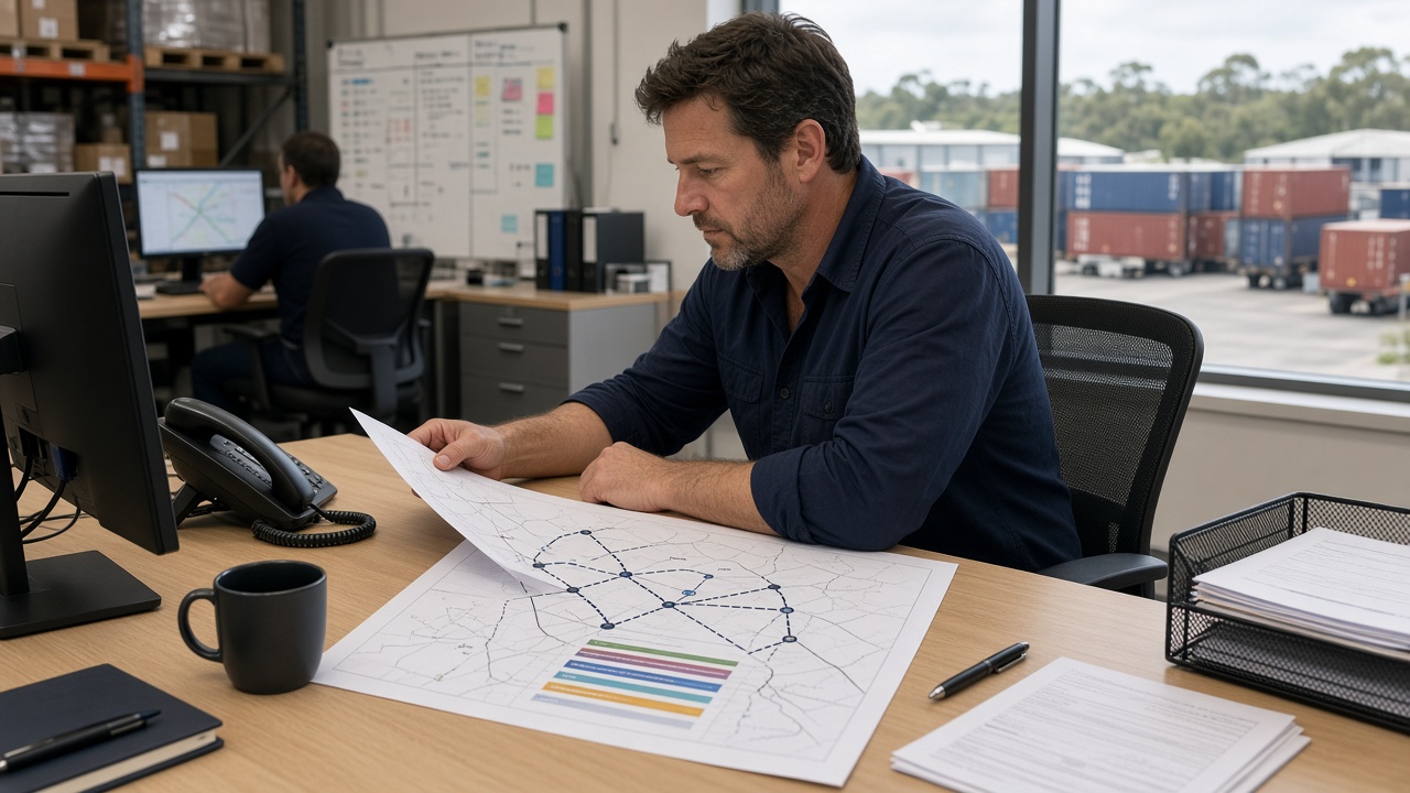Freight coordinator reviewing a multi-leg routing plan