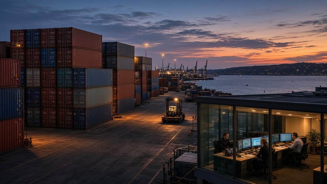 Containers stacked at a port terminal at dusk