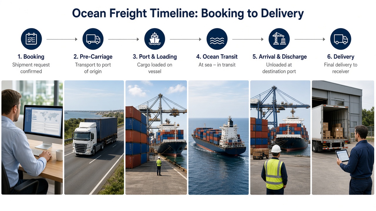 Timeline diagram of ocean freight milestones from booking to delivery