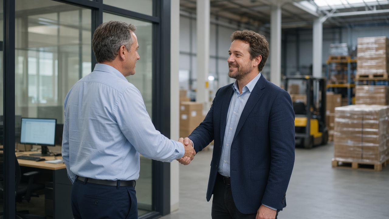 Handshake between business partners at a logistics facility