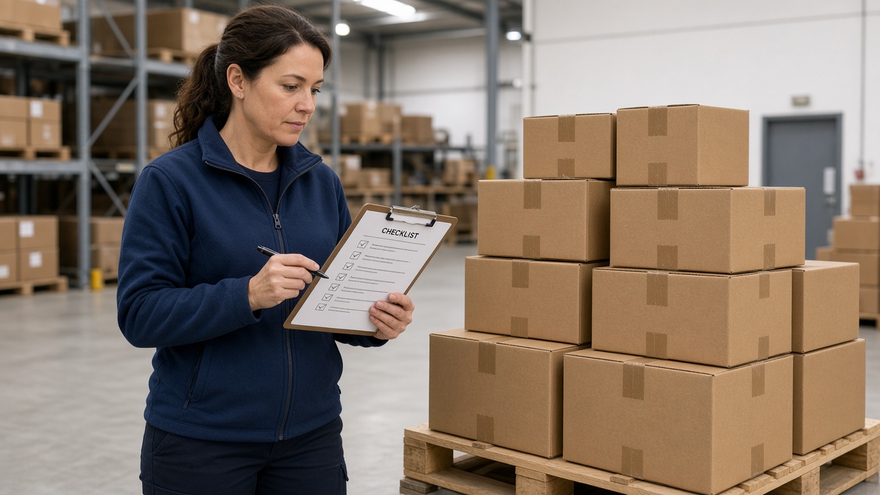 Checklist being completed beside stacked shipping cartons
