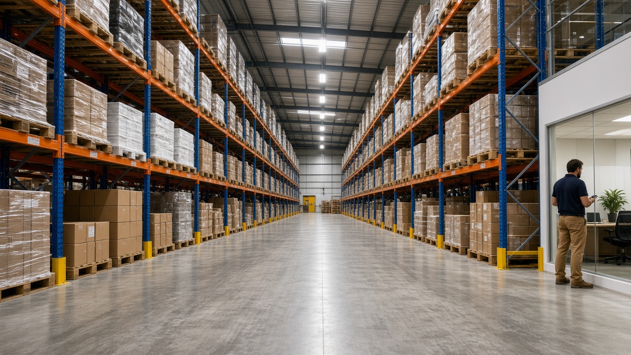 Wide-aisle warehouse with racked pallet storage