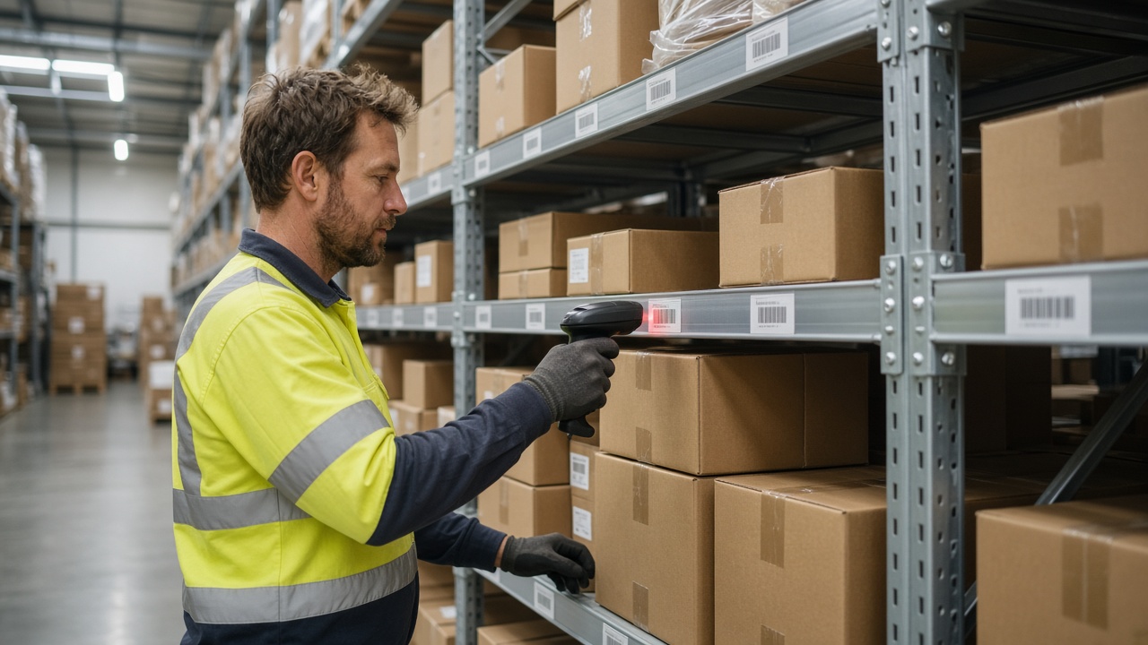 Picker scanning barcodes on warehouse shelves