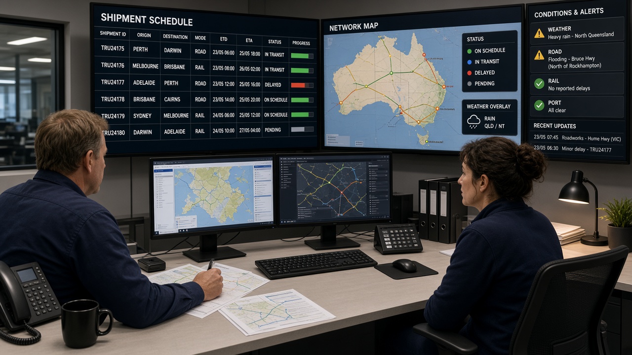 Operations desk with shipment schedules and maps