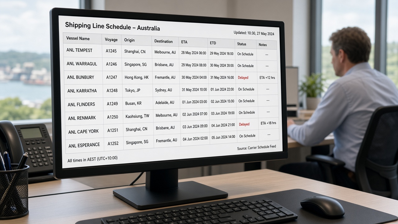 Shipping line schedule displayed on a monitor
