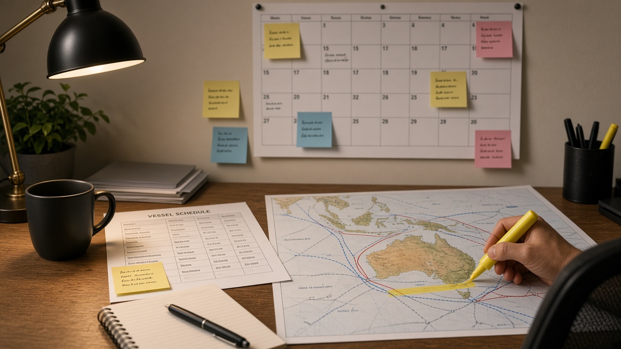 Operations planner desk with shipping schedules and Australian trade lane notes