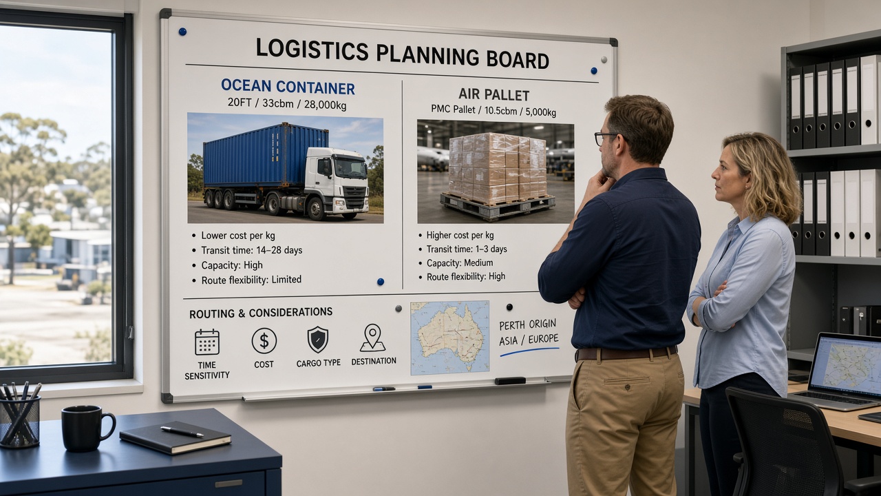 Ocean container and air pallet compared on a logistics planning board