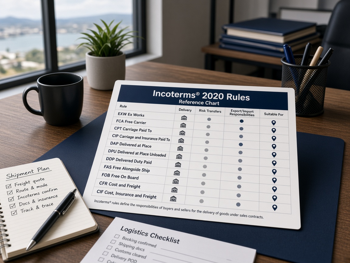 Incoterms reference chart on a logistics planner desk