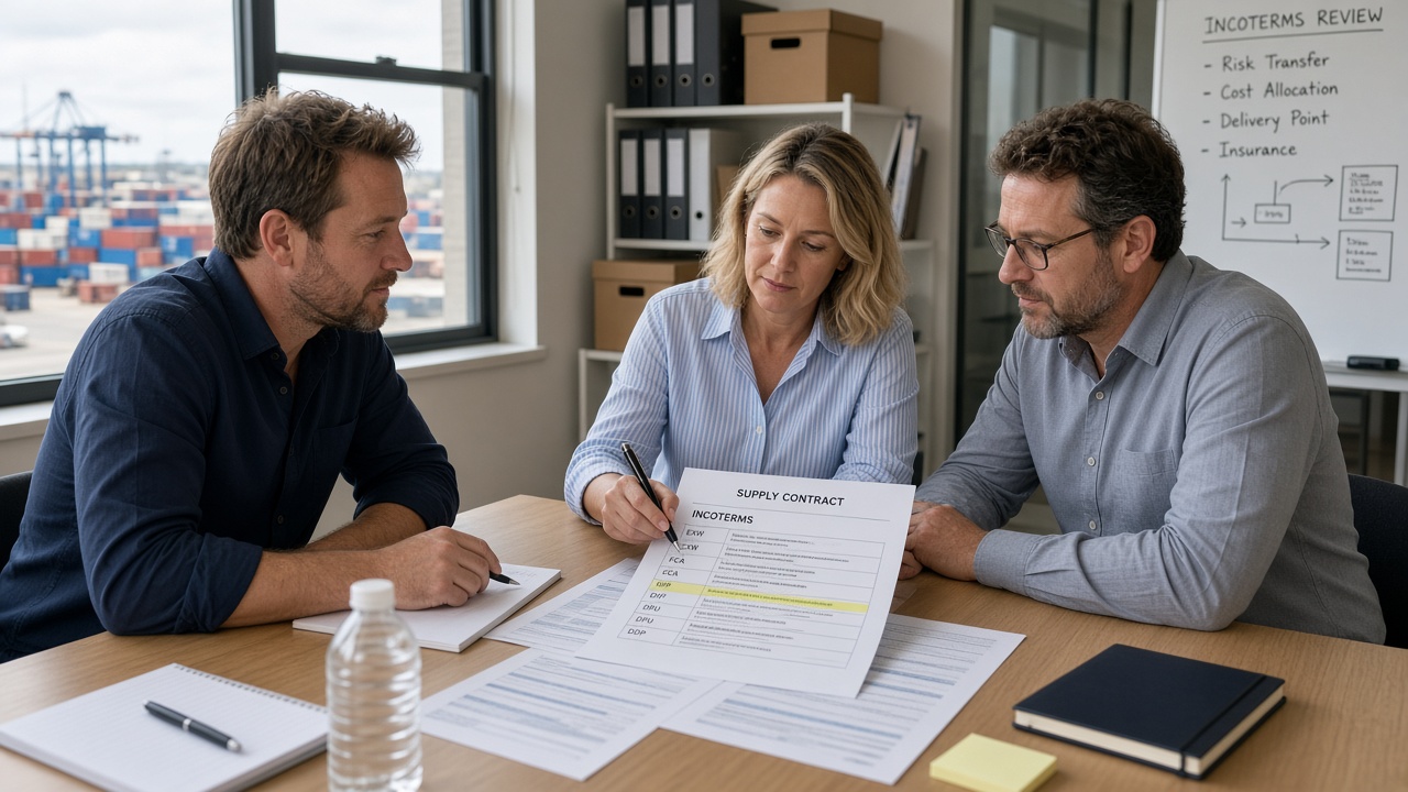Commercial team reviewing incoterms on a supply contract