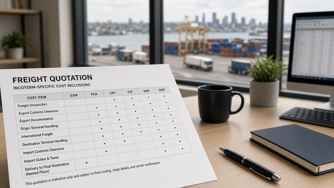 Freight quotation showing incoterm-specific cost inclusions