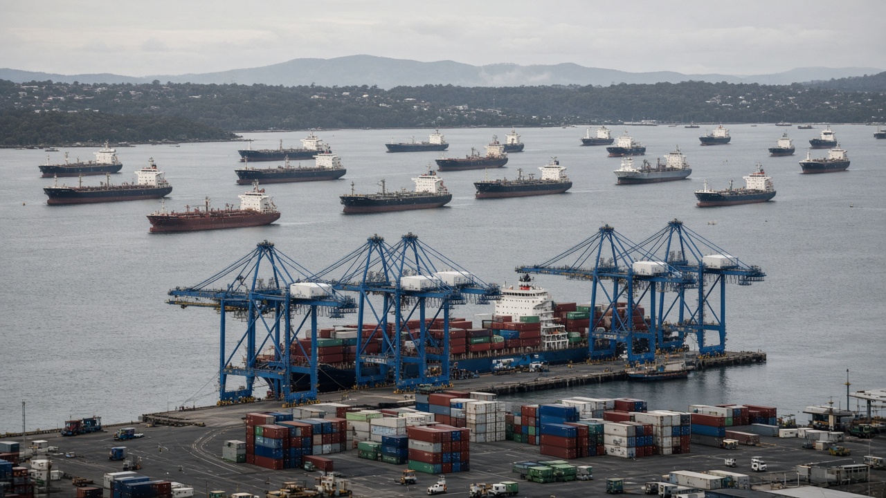 Container terminal with vessels waiting at anchor during congestion