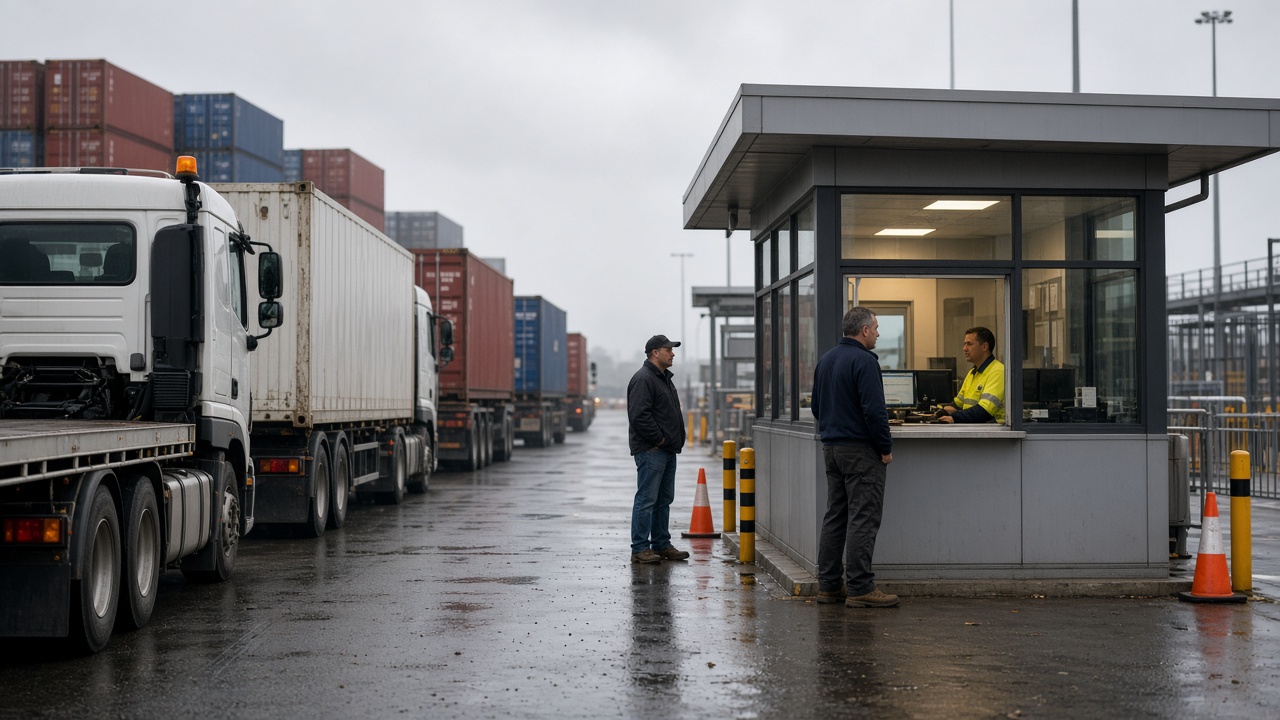 Road transport queue at a port container park gate