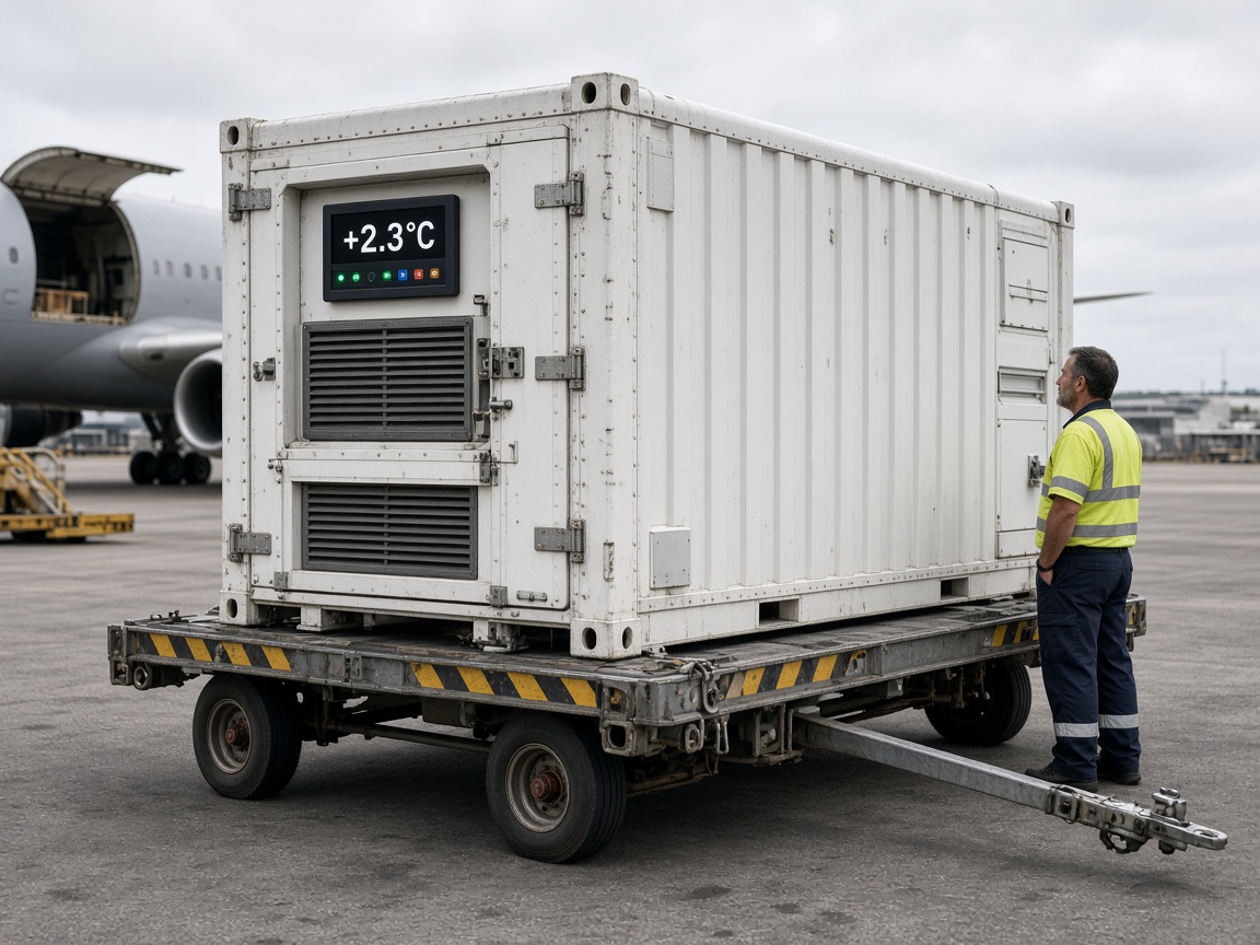 Temperature-controlled air freight unit on an airport dolly