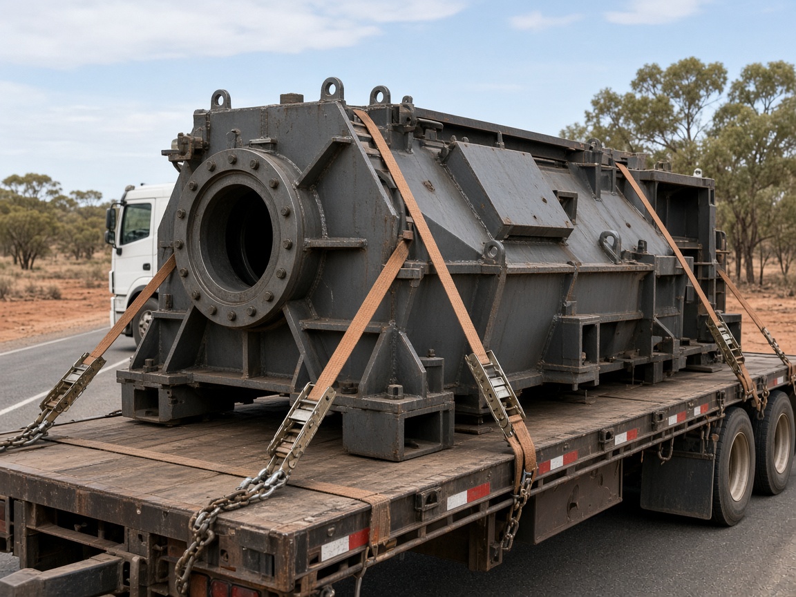 Heavy mining spare parts secured on a flatbed trailer