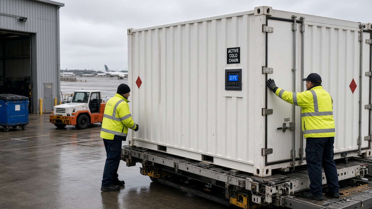 Active cold chain container being loaded at airline acceptance