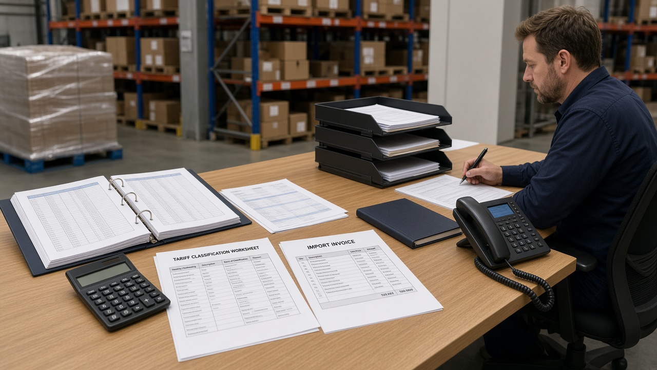 Tariff classification worksheets beside import invoices