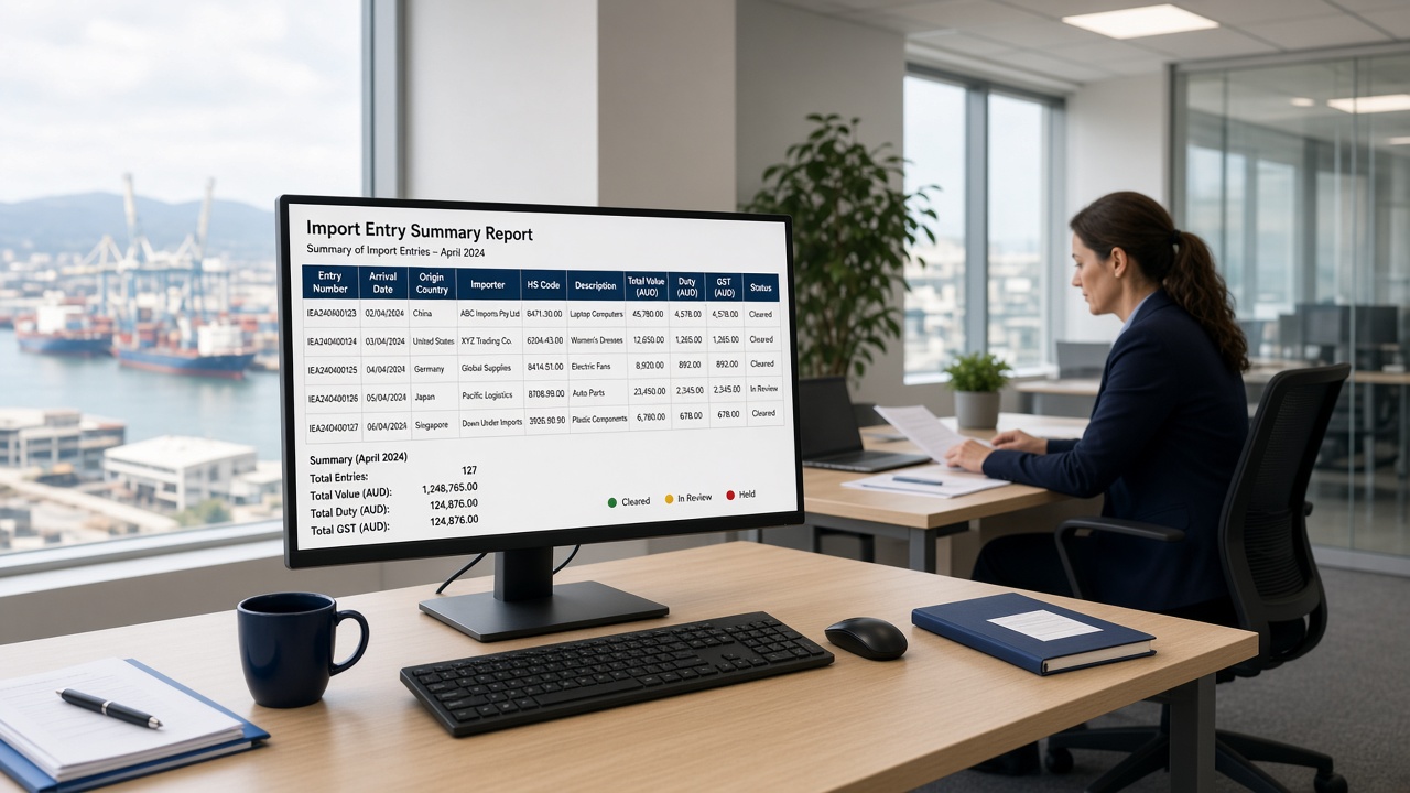 Import entry summary report shared with client finance team