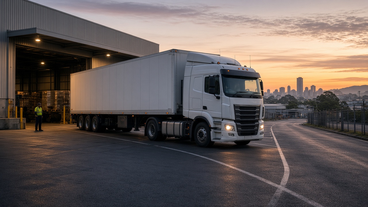 Linehaul truck departing a Brisbane distribution hub at dawn