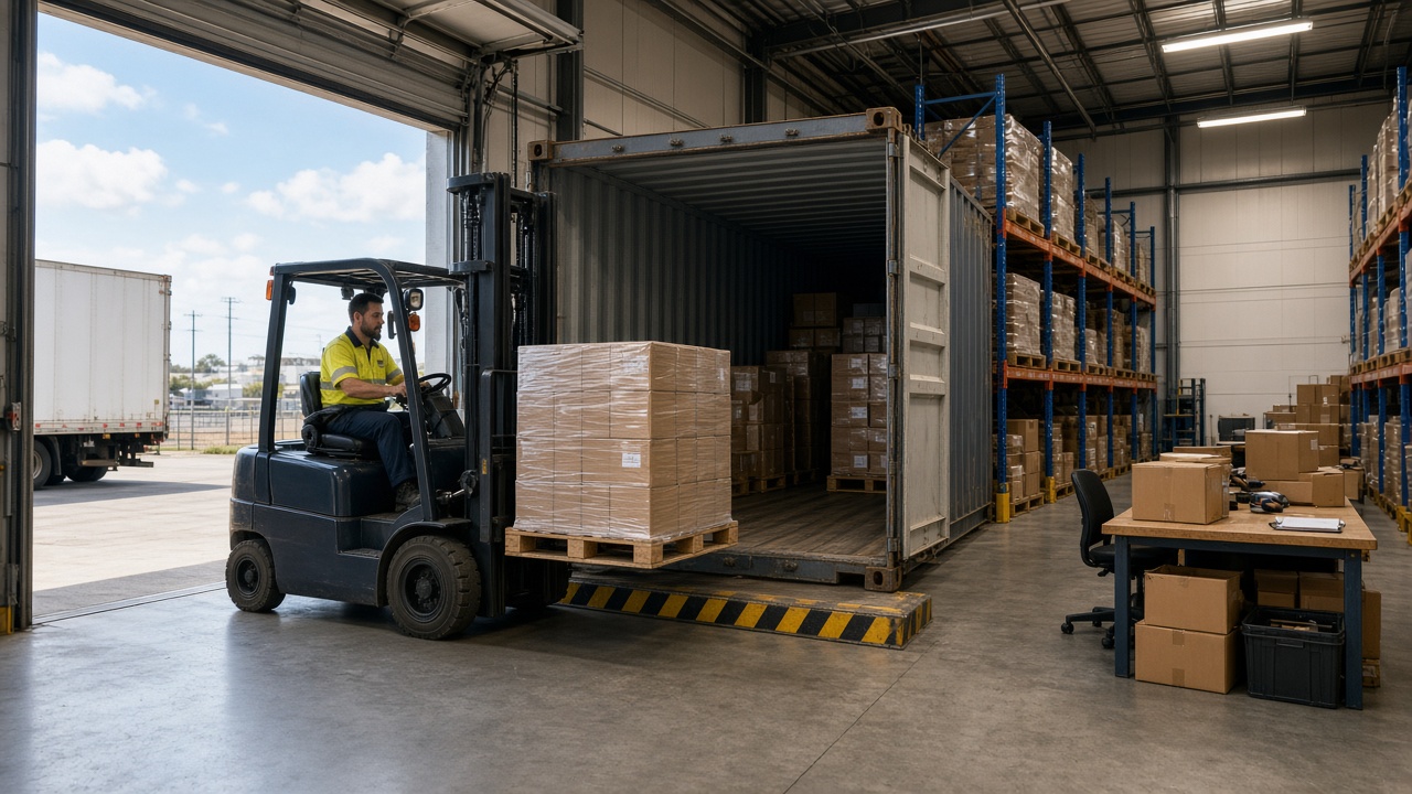 Container unload into a fulfilment warehouse inbound dock