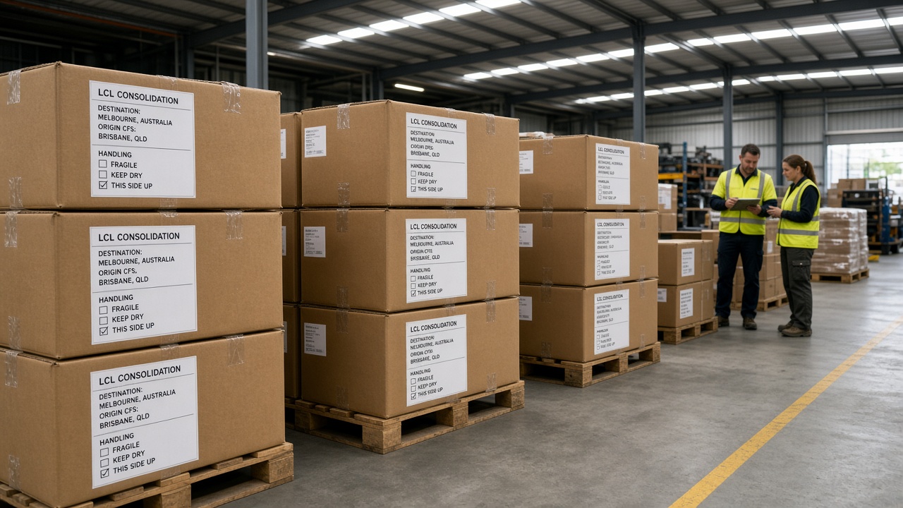 Multiple LCL cartons labelled for consolidation at origin CFS