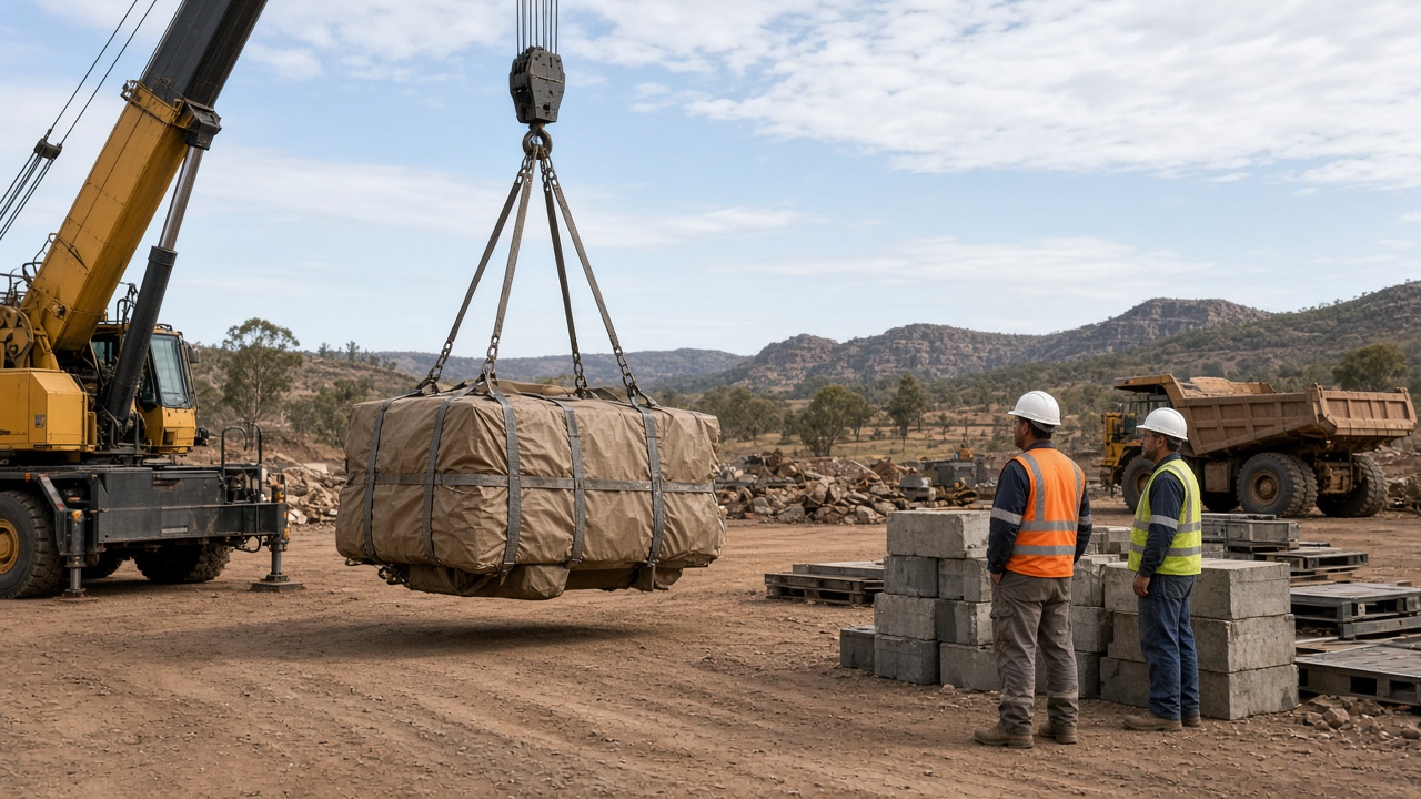 Crane lift of mining spare at site receival pad